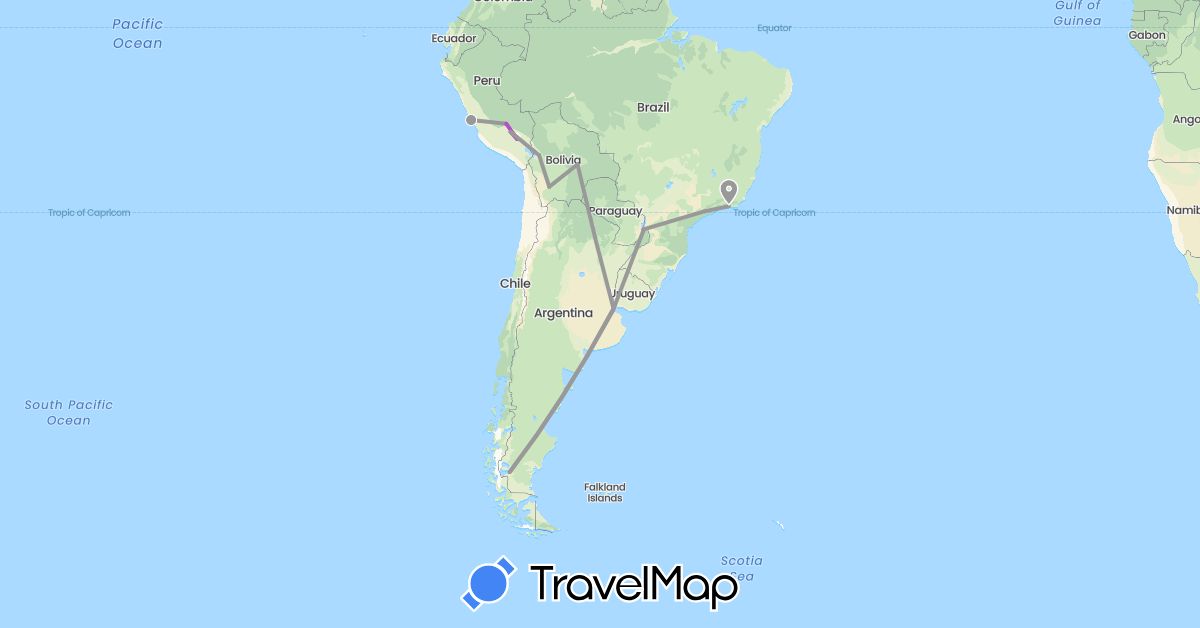TravelMap itinerary: plane, train in Argentina, Bolivia, Brazil, Peru (South America)